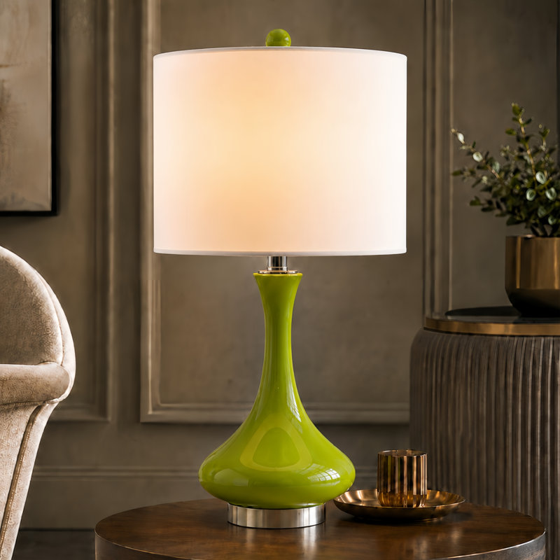 23.5" Green Ceramic Table Lamp with USB & Type-C Ports and Pre-Assembled White Linen Shade, Green