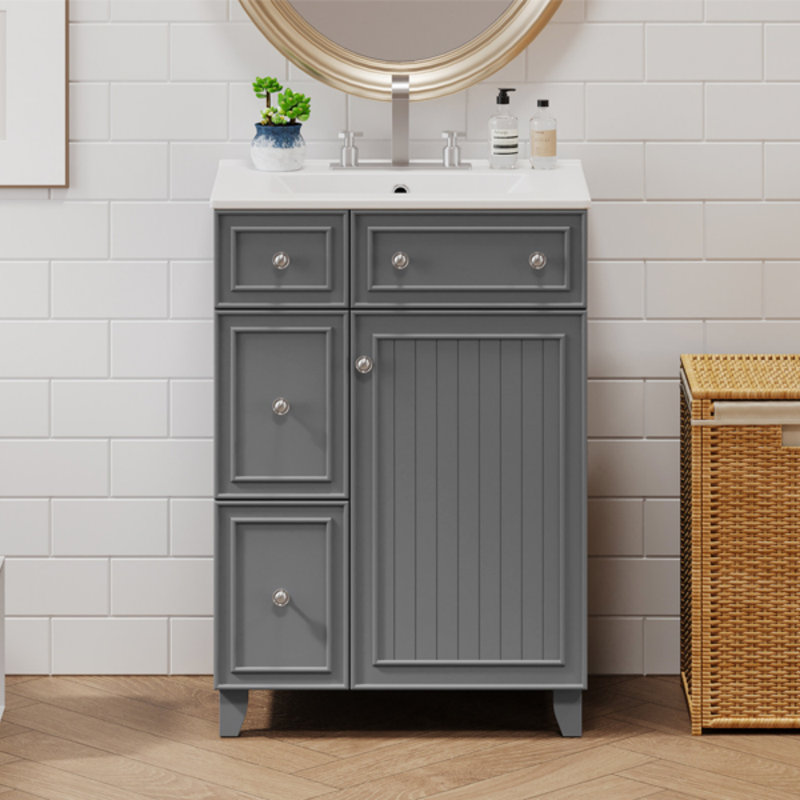 24" Gray Bathroom Vanity Cabinet With Ceramic Sink, 2 Drawers, 1 Soft-Close Door, Bathroom Vanity, Gray