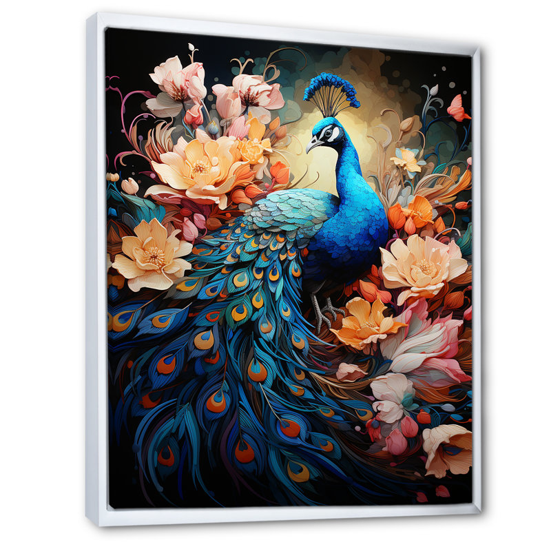 «Majestic Flowerful Peacocks Harmony I» sur toile, Cadre flottant blanc, H 32 po x l 24 po x P 1 po