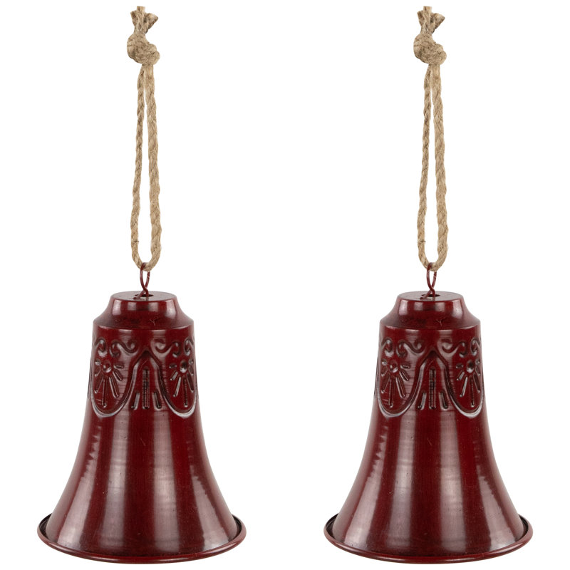 Burgundy Embossed Metal Christmas Bell Ornaments with Jute Rope - Set of 2