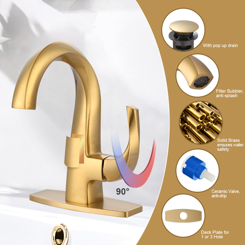 Gold Single Handle High Arc Bathroom Faucet with Drain Kit