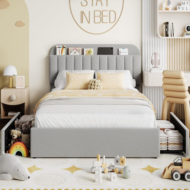 Full Size Bed Frame with Storage Headboard and 2 Drawers Kids Upholstered Platform Bed with Bookcase Sturdy Wooden Slats Support No Box Spring Needed Noise Free