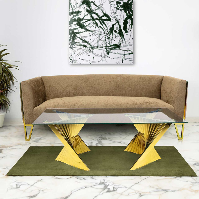 Auric Glass Coffee Table For Living Room Furniture, Stainless Steel Table With Glass Tabletop, Gold