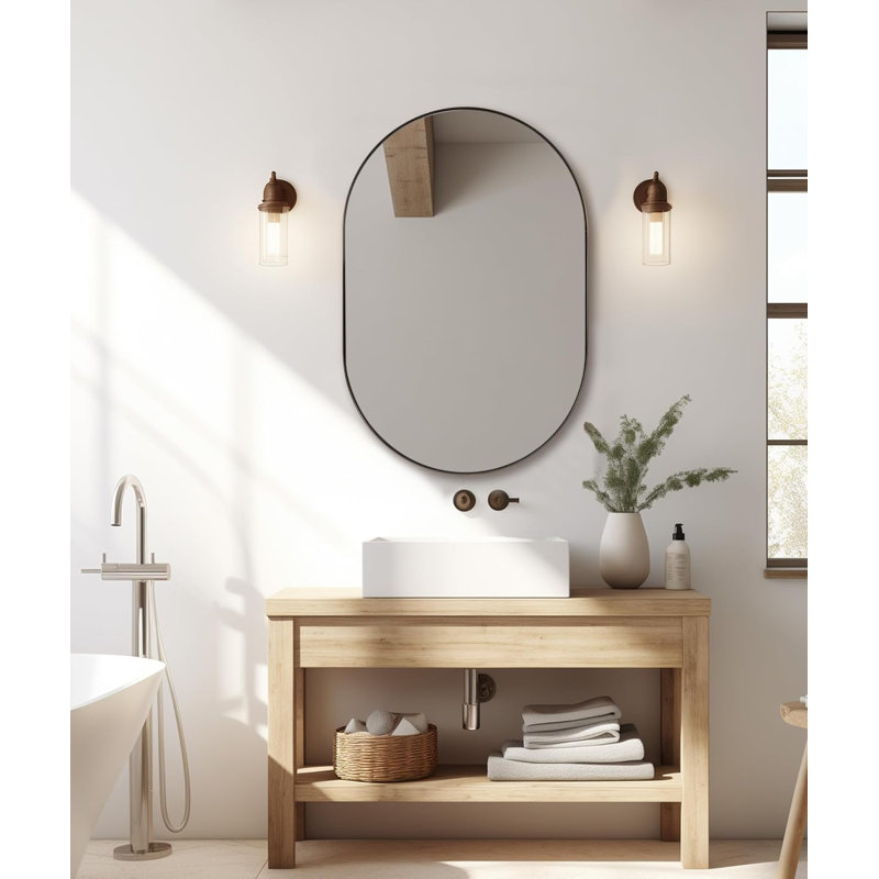 Kaitlee Modern Capsule Bathroom Vanity Wall Mirror | Stainless Steel Frame, Brushed Bronze, 36" x 24", Pill