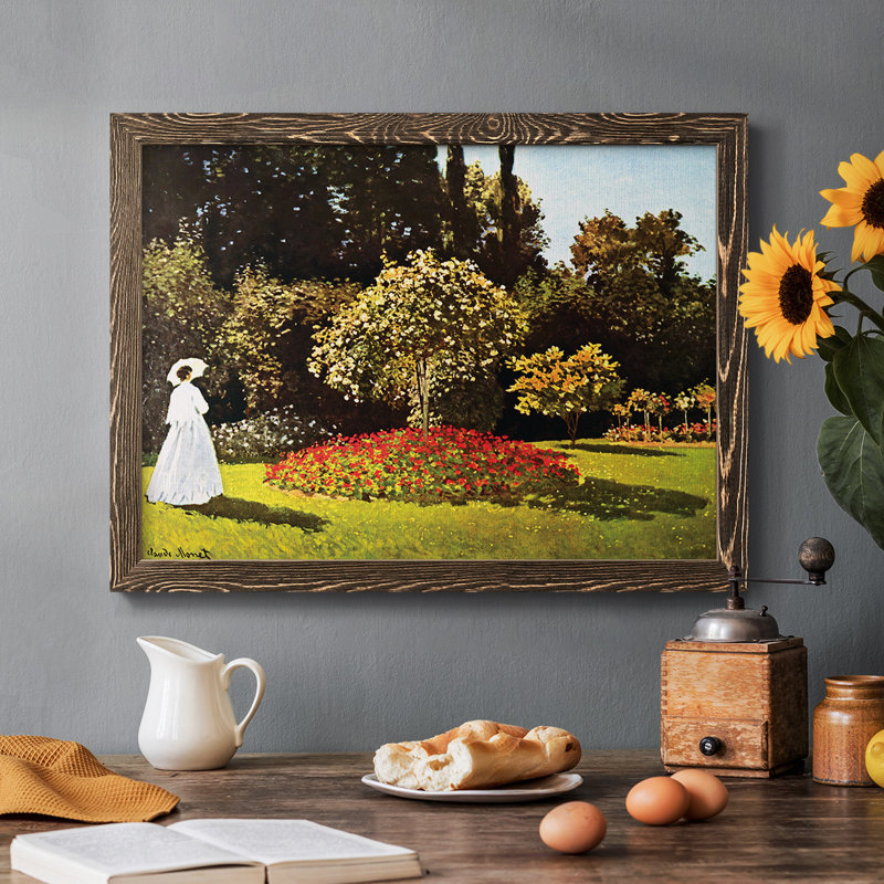 Femme dans le jardin, peinture sur toile encadrée, Noyer, H 18 po x l 26 po x P 1,5 po