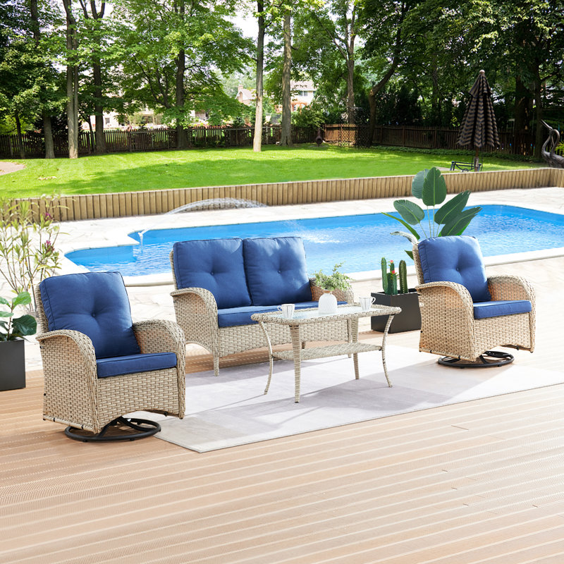 Gaetanino Wicker 4 - Person Patio Conversation Set with Cushions, Birch Frame/Blue Cushion