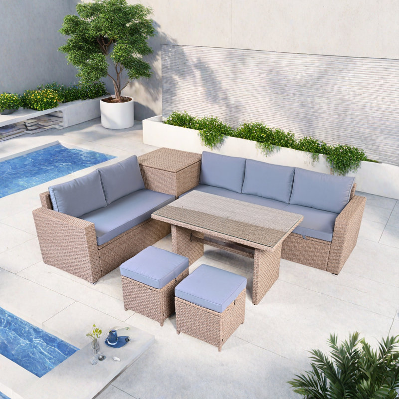 6-piece All Weather Pe Rattan Sofa Set With Adjustable Seat, Storage Box, Removable Covers And Tempered Glass Top Table