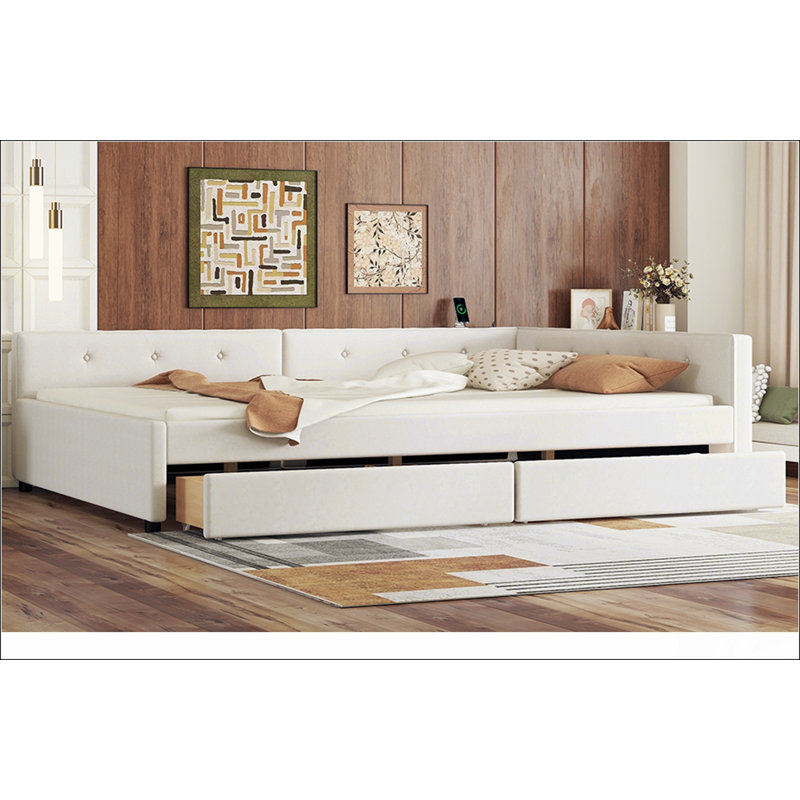 Lit plateforme tapissier double avec USB et 2 tiroirs, beige