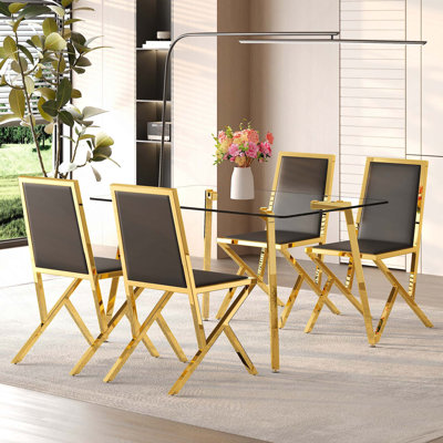 5PCS Table And Chair Set, Tempered Glass Dining Table Paired With 4 Metal Bracket Dining Chairs