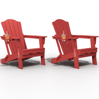 Red All-Weather HDPE Plastic Folding Adirondack Chair with Cup Holder for Patio & Garden (Set of 2)