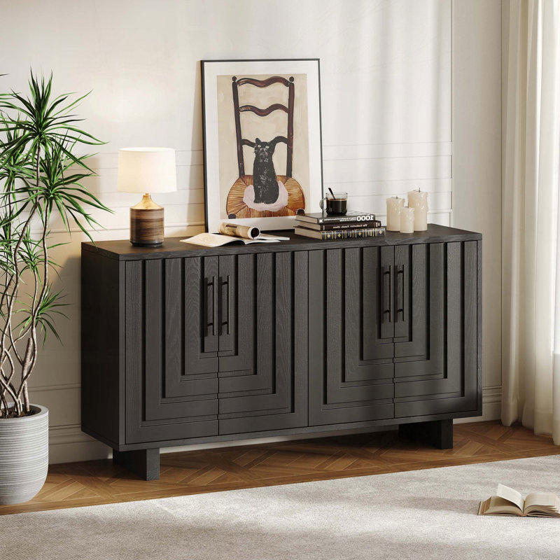 Buffet moderne avec quatre portes et détails géométriques, Noir