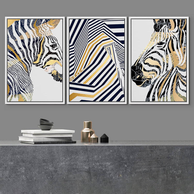Style géométrique, jungle, zèbre, animaux, bandes dessinées, art moderne, portrait sauvage rustique, 3 pièces