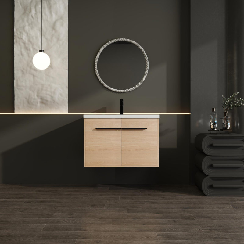 Meuble-lavabo moderne avec lavabo en résine, Chêne, 29"