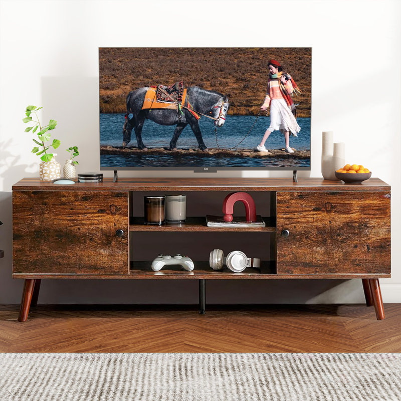 Meuble télé 65 po avec tablettes réglables et armoires, Brun