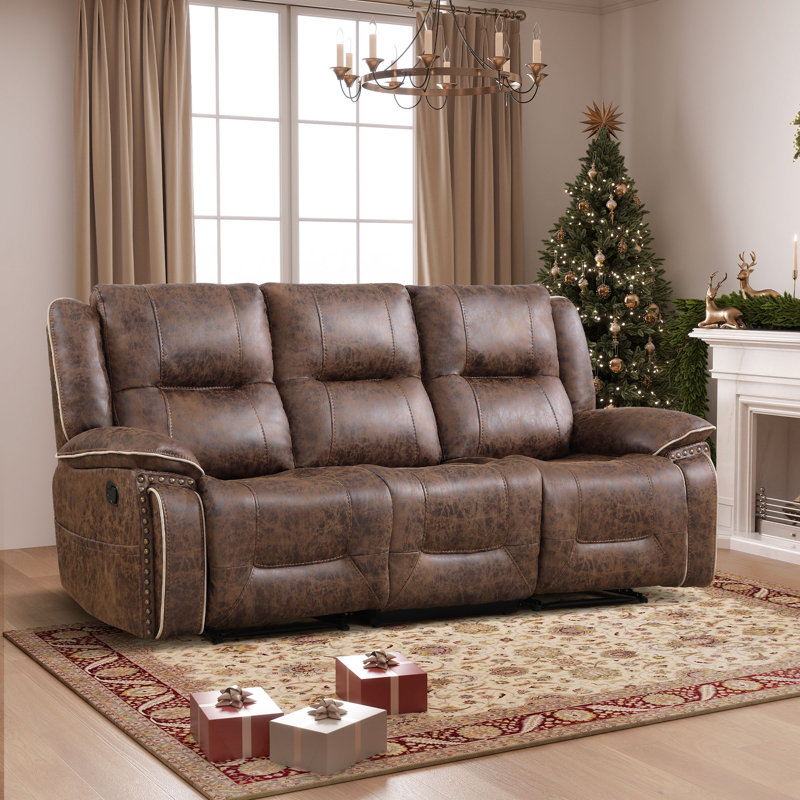 Almyra 88.1" Wide Vintage Faux Leather Manual Reclining Sofa with Nailhead Trim and Fixed Middle Seat