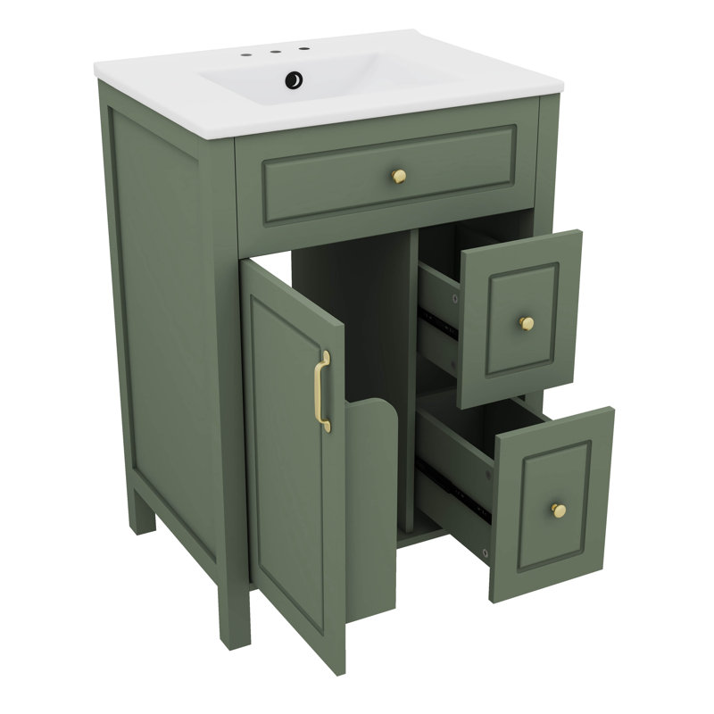 Meuble-lavabo 24 po avec lavabo en céramique, 1 porte à fermeture silencieuse et 2 tiroirs, Vert