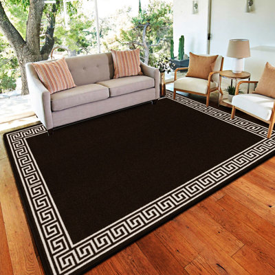 Plain Rug with Greek key Bordered Gel backed Rug Amorrah Black/Beige Rug