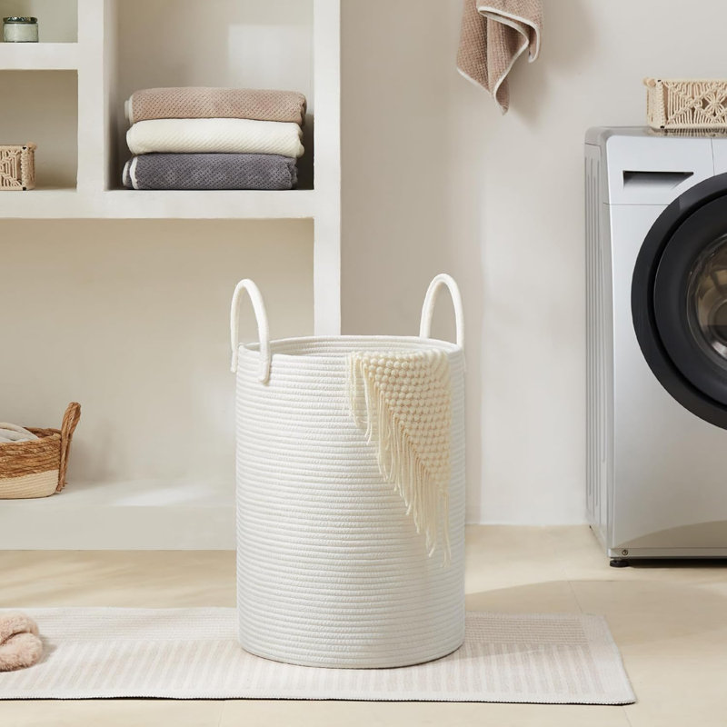 Cotton Rope Laundry Hamper - Woven Collapsible Clothes Storage Basket For Laundry Room, Bedroom, Dorm Organizing - Breathable, Large Capacity, Foldable & Washable Design