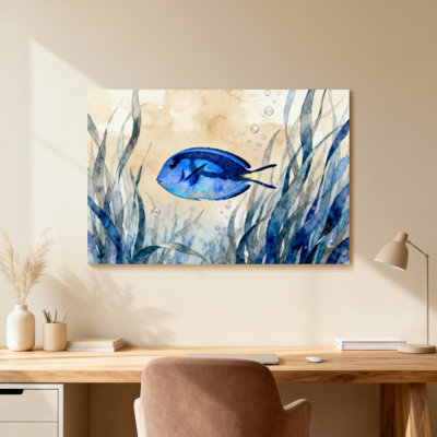 Animal Blue Fish Swimming Among Seaweed Bubbles