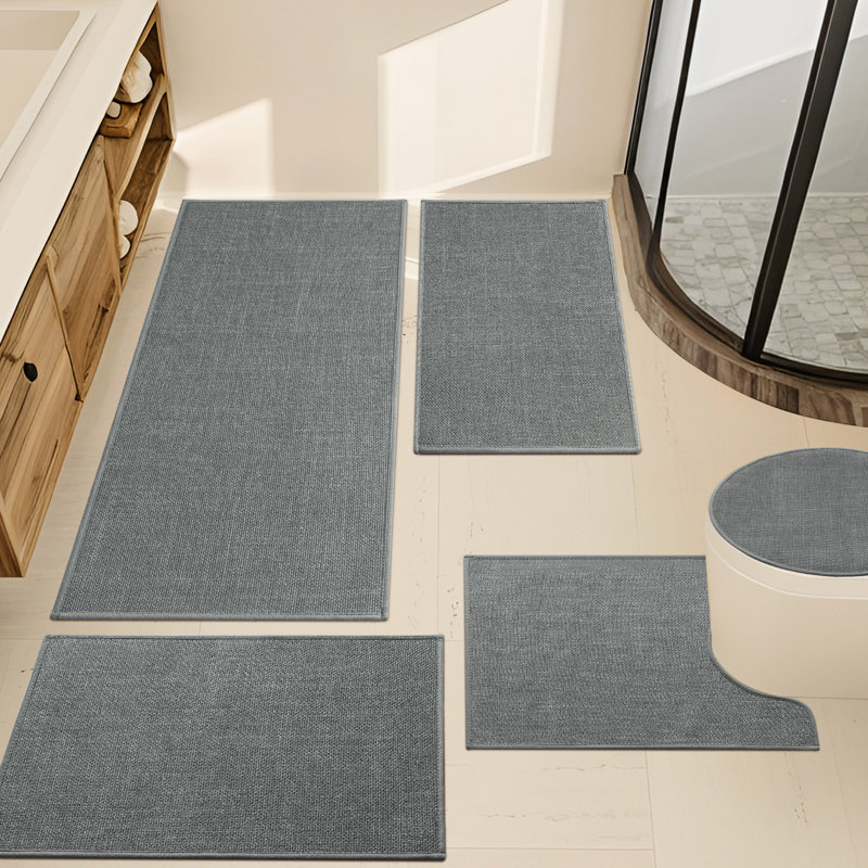 Ensemble de tapis pour salle de bain 5 pièces aspect lin avec envers antidérapant, Gris foncé