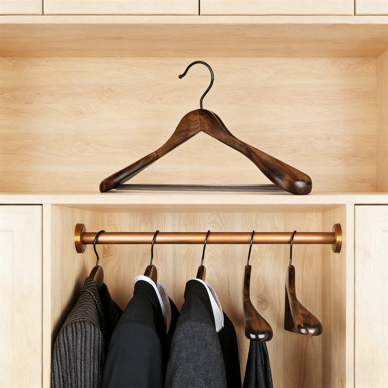 6 Pack Wide Shoulder Wooden Suit Hanger With Thickened Flat Hook & Anti-Slip Trouser Bar – Heavy Duty, Glossy Finis, 30
