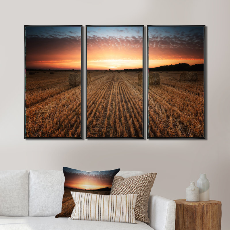 Paysage avec un champ plein de balles de foin au coucher du soleil - Photographie flottante sur toile 3 pièces, Cadre noir