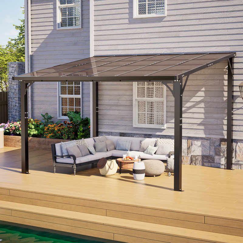 Pergola adossée à toit rigide 12 x 10 pi avec toit en polycarbonate teinté pour salle à manger extérieure, 12×10 FT