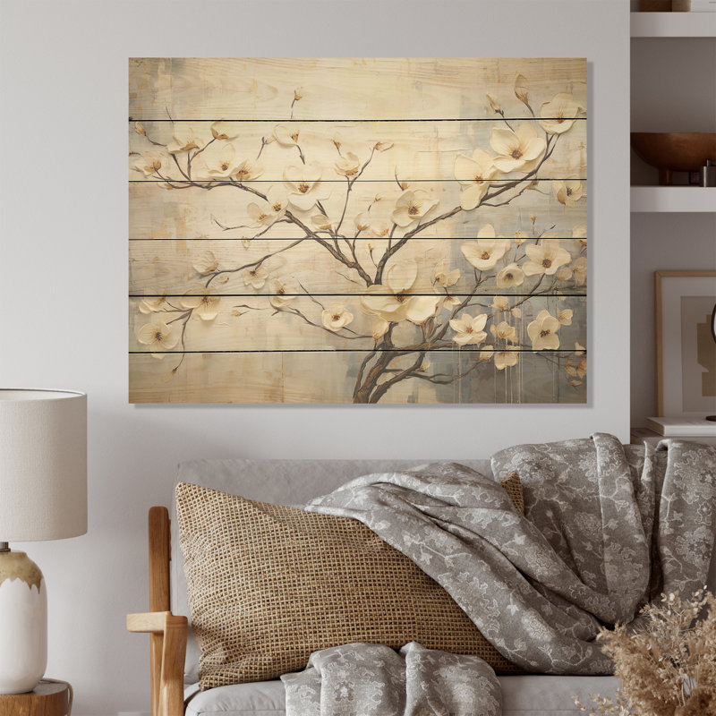 «Peacefulness White Dogwood» - art mural en bois de cornouiller sur bois de pin naturel, H 10 po x l 20 po