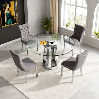Round Dining Table Set, 47.24" Glass Dining Table with Velvet Dining Chairs, Clear Circle Kitchen Table Set, Dining Room Table and Chairs Set