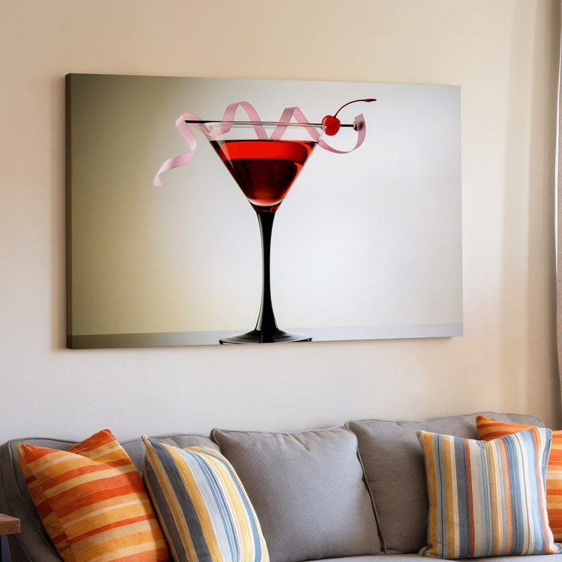 Toile, art mural élégant en verre à martini rempli d'un verre rouge foncé garni d'un ruban rose délicat et d'une cerise sur toile