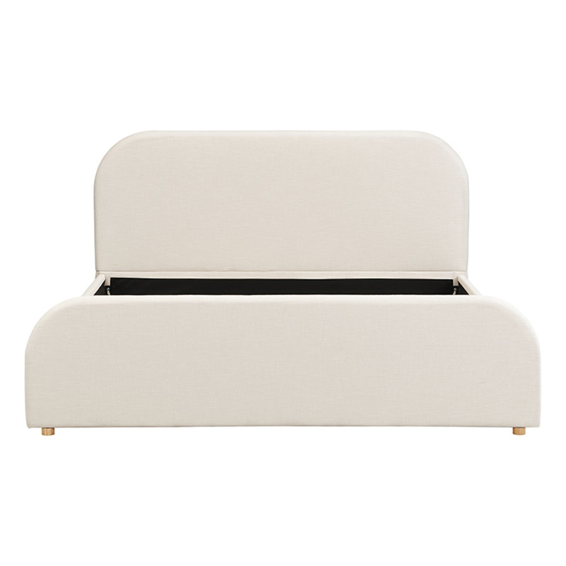 Très grande base de lit très grand avec tête de lit tapissier recouverte de lin et pieds en bois massif, beige