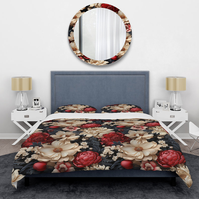 Ensemble de housse de couette à motif floral victorien beige et rouge, Housse de couette pour très grand lit et 2 très