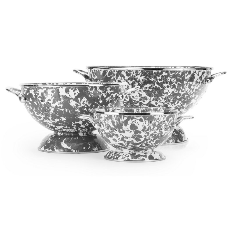 Gray Swirl Enamelware Colander Set, 3 Pieces