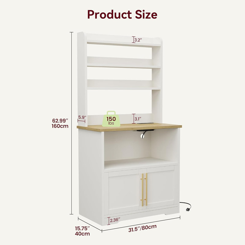Armoire de support de four à micro-ondes Farmhouse, support de boulanger avec prise de courant, comptoir épaissi, Blanc
