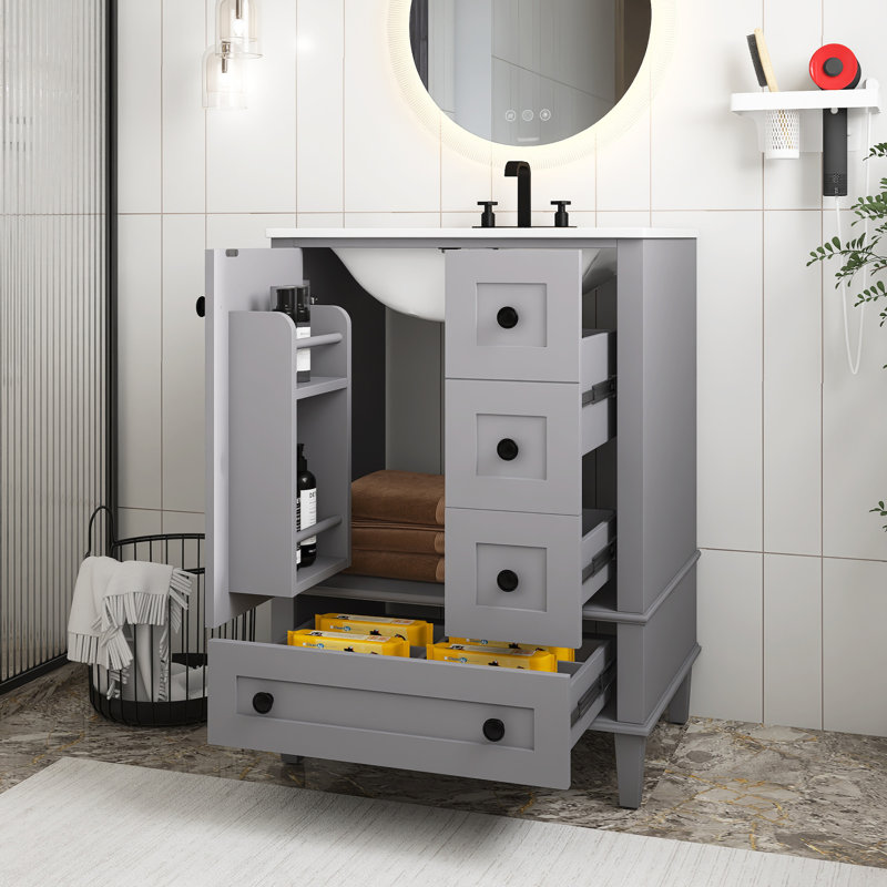 Meuble-lavabo en bois aggloméré de 24 po avec lavabo intégré en céramique, tablette à double couche, tiroirs à fermeture en douceur et porte d'armoire à fermeture en douceur, gris