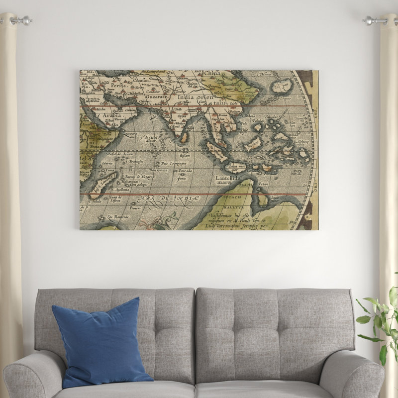 Mappemonde antique grille VI, H 32 po x l 48 po x P 1,25 po