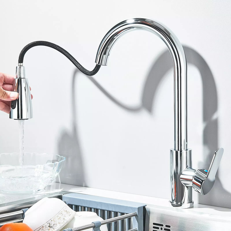 Kitchen Sink Faucet 1 Hole Single Handle 360° Swirl Pull Down Sprayer Mixer Tap, Chrome