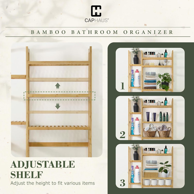 31-Inch Adjustable Bamboo Over The Toilet Storage with Hooks & Side Shelves, Multiple Options, White