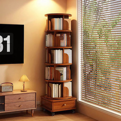 Rotating Bookshelf, 360 Display Corner Bookshelf For Small Space, 6 Tier Bookcase Storage Rack With Wheels, Wood Narrow Organizer For Bedroom, Living Room, Study Room, Walnut Brown, Shelves