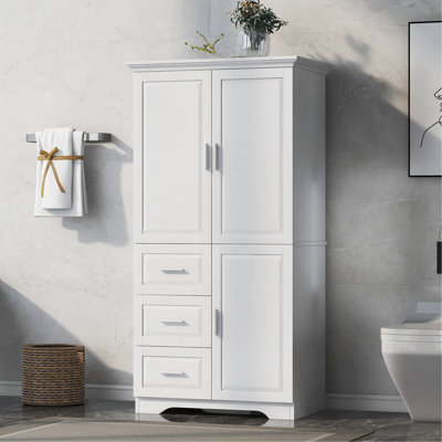 Tall And Wide Storage Cabinet With Doors For Bathroom/Office, Three Drawers, White