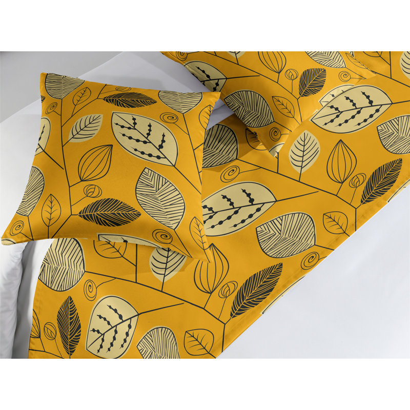 Ambesonne Autumn Bed Runner Set Fall Leaves Botany Print Art Marigold Black and Beige, King