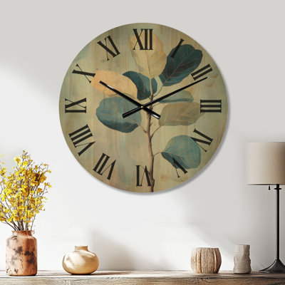 Horloge murale décorative botanique en forme de branche de figuier bleue, imprimée sur bois