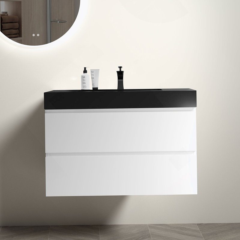 Meuble-lavabo mural avec lavabo, grand meuble-lavabo flottant mural, Blanc, 36", Noir
