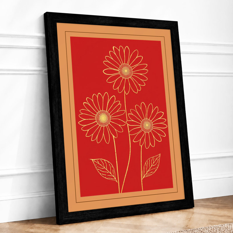 Golden Daisy Stems Botanical - Framed Print, Black, A3 - 42.0 x 29.7 cm