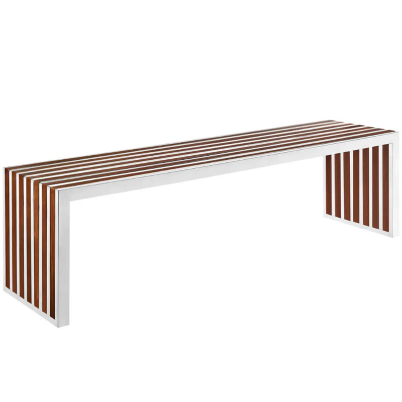 Banc moderne en bois de noyer avec base en acier inoxydable - Siège d'entrée, de chambre à coucher ou de salon