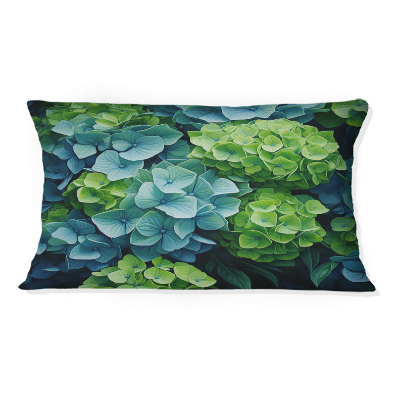 Coussin décoratif imprimé hortensias vert et bleu