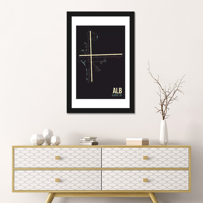 « albany », impression sur toile, "aéroport diagram series", H 24 po x l 16 po x P 1 po, Papier d'art encadré noir, Blanc
