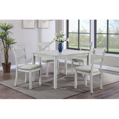 Eisley Rustic Farmhouse Transitional 5-Piece Dining Set â€“ Grey Linen Upholstered Chairs, Rectangular Table, Easy Assembly