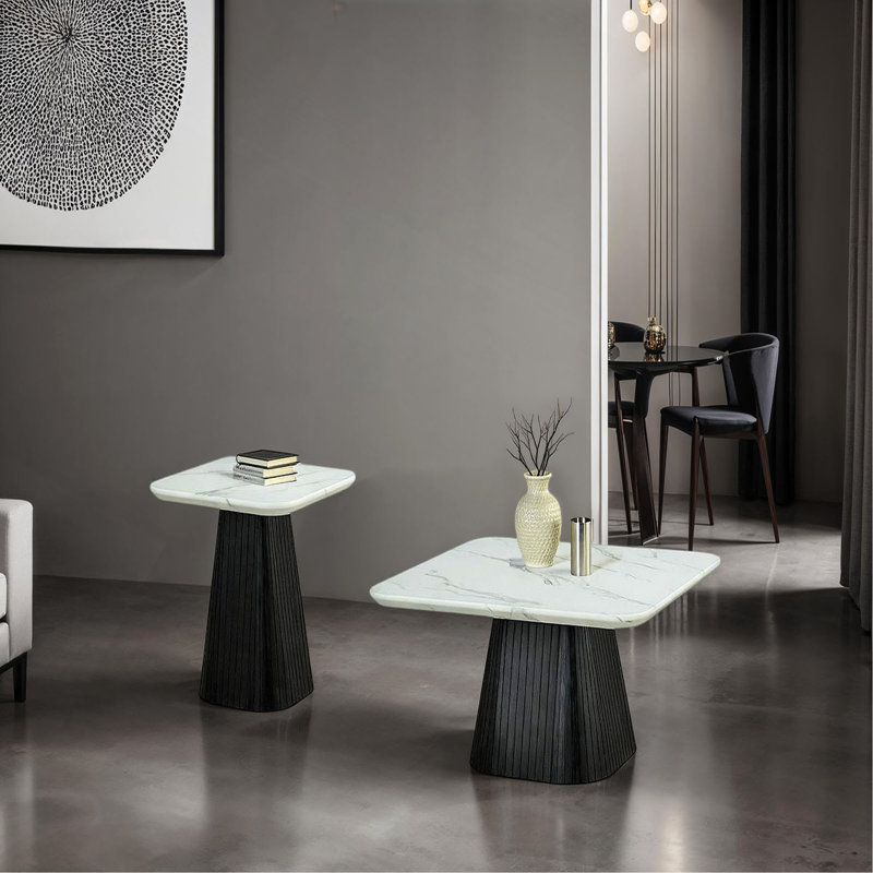 Table basse carrée de style contemporain avec plateau en faux marbre et base en tambour