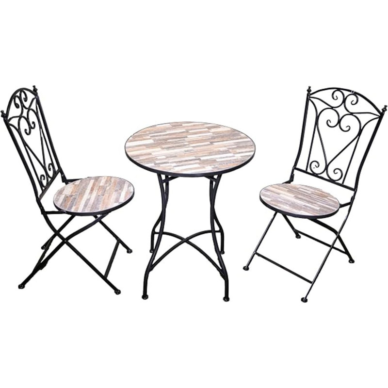 3 Piece Mosaic Bistro Set with Metal Folding Chairs and Round Table for Outdoor Garden Use